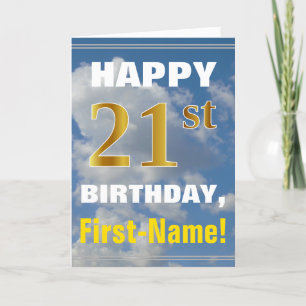 Bold, Cloudy Sky, Faux Gold 21st Birthday + Name Card