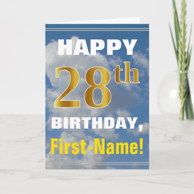 Bold, Cloudy Sky, Faux Gold 28th Birthday + Name Card (Front)