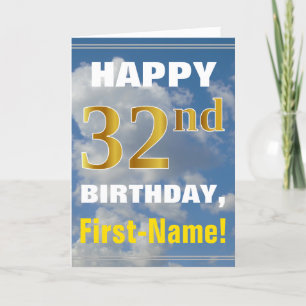 Bold, Cloudy Sky, Faux Gold 32nd Birthday + Name Card