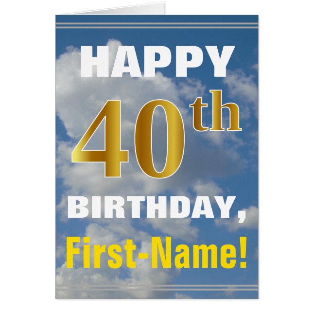 Bold, Cloudy Sky, Faux Gold 40th Birthday + Name (Front)