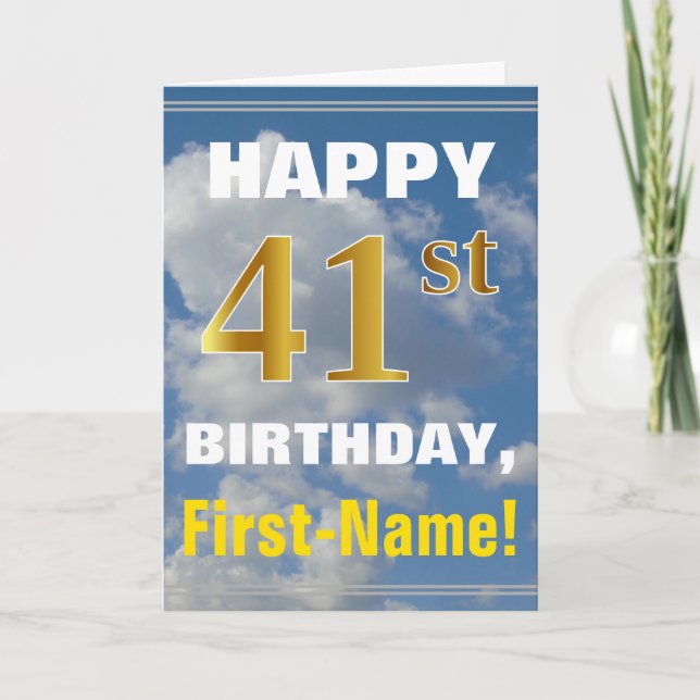 Bold, Cloudy Sky, Faux Gold 41st Birthday + Name Card (Front)