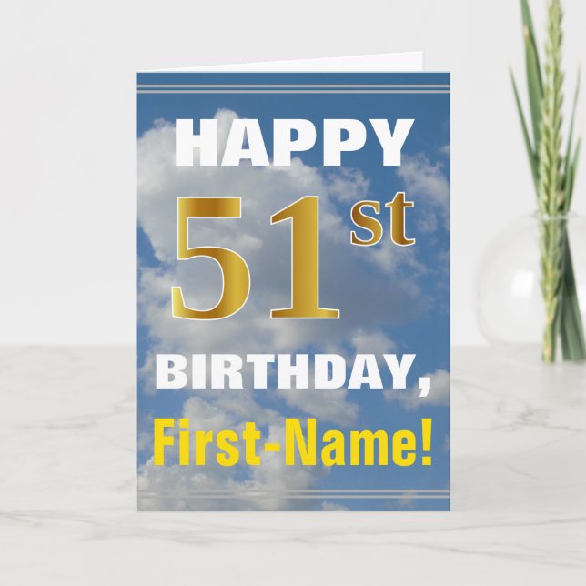 Bold, Cloudy Sky, Faux Gold 51st Birthday + Name Card (Front)