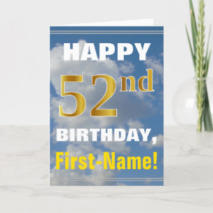 Bold, Cloudy Sky, Faux Gold 52nd Birthday + Name Card