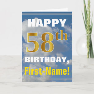 Bold, Cloudy Sky, Faux Gold 58th Birthday + Name Card