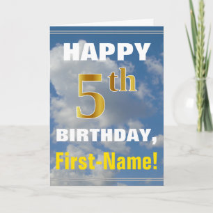 Bold, Cloudy Sky, Faux Gold 5th Birthday + Name Card