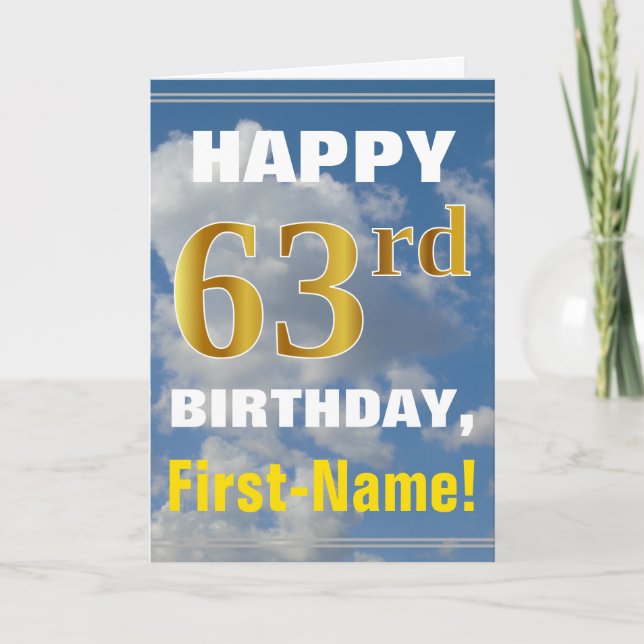 Bold, Cloudy Sky, Faux Gold 63rd Birthday + Name Card (Front)