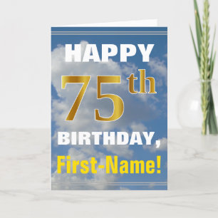 Bold, Cloudy Sky, Faux Gold 75th Birthday + Name Card
