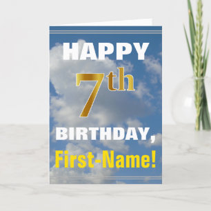 Bold, Cloudy Sky, Faux Gold 7th Birthday + Name Card