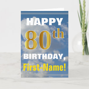 Bold, Cloudy Sky, Faux Gold 80th Birthday + Name Card