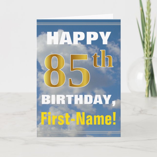 Bold, Cloudy Sky, Faux Gold 85th Birthday + Name Card (Front)