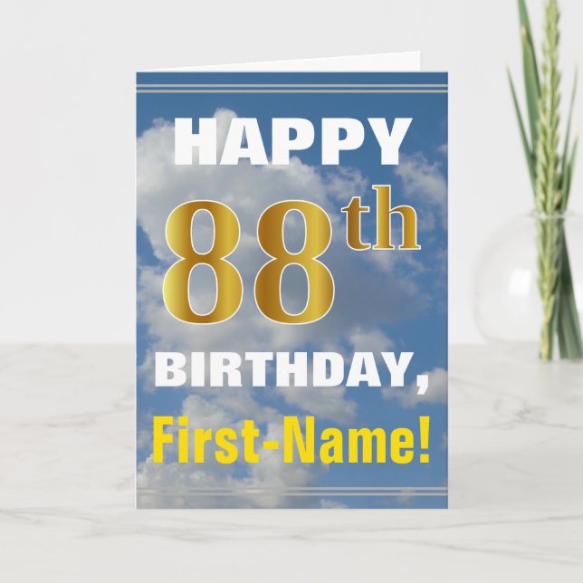 Bold, Cloudy Sky, Faux Gold 88th Birthday + Name Card (Front)