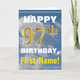 Bold, Cloudy Sky, Faux Gold 97th Birthday + Name Card