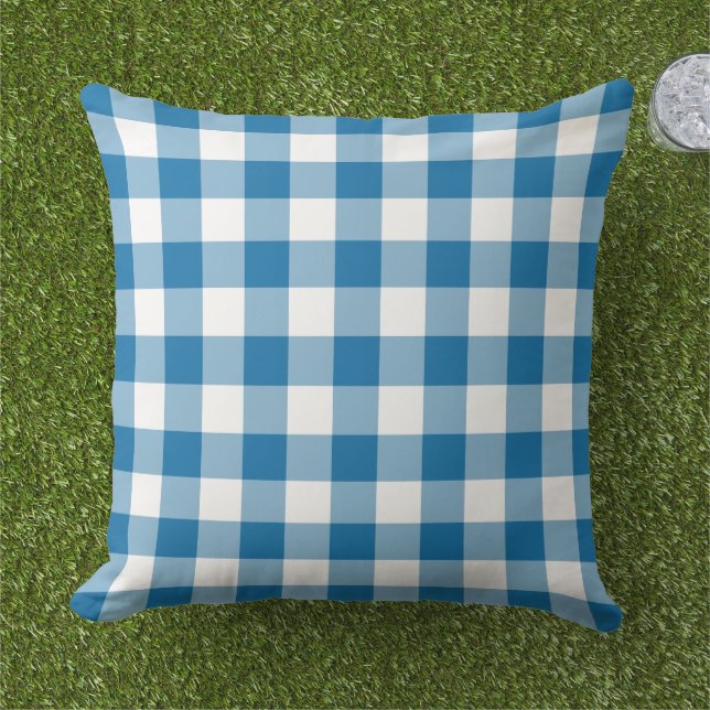 Bold Cobalt Blue White Gingham Plaid Check Cushion (Grass)