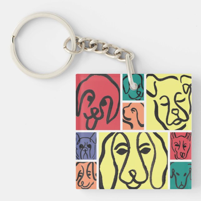 Bold Color Dog Faces Key Ring (Front)