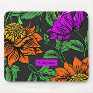 Bold Colorful Flowers on Dark Grey Personalised Mouse Pad