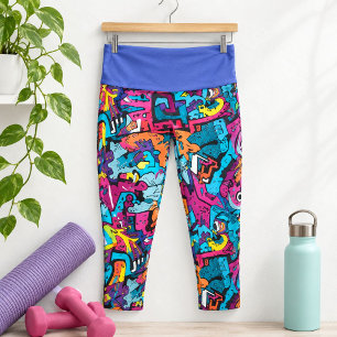 Bold Colorful Retro Graffiti Abstract Pop Art Capri Leggings