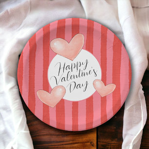 Bold Colorful Stripes and Hearts Valentine's Day Paper Plate