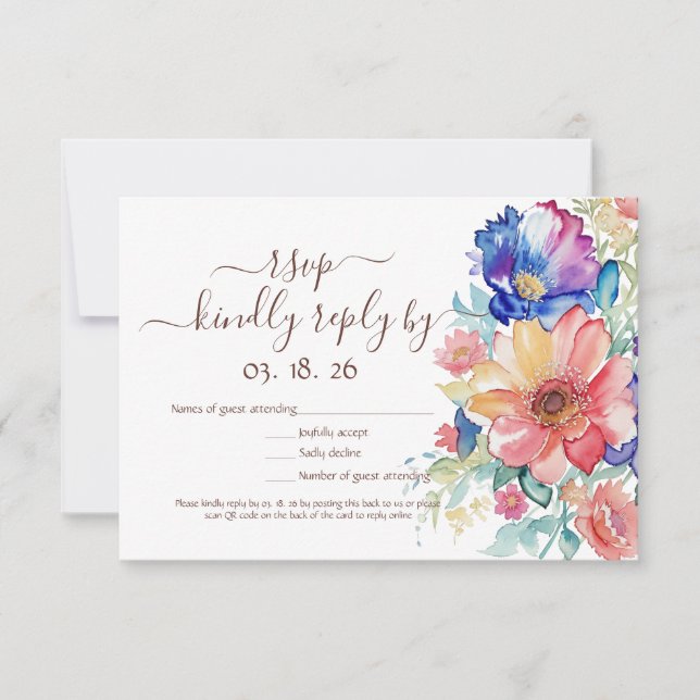 Bold Colorful Watercolor Floral RSVP Card (Front)