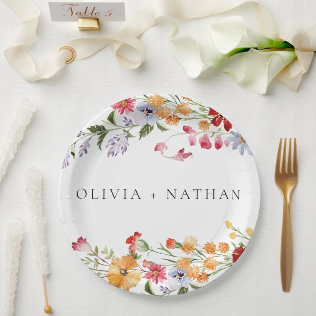 Bold Colorful Watercolor Wildflowers Wedding Paper Plate (Wedding)