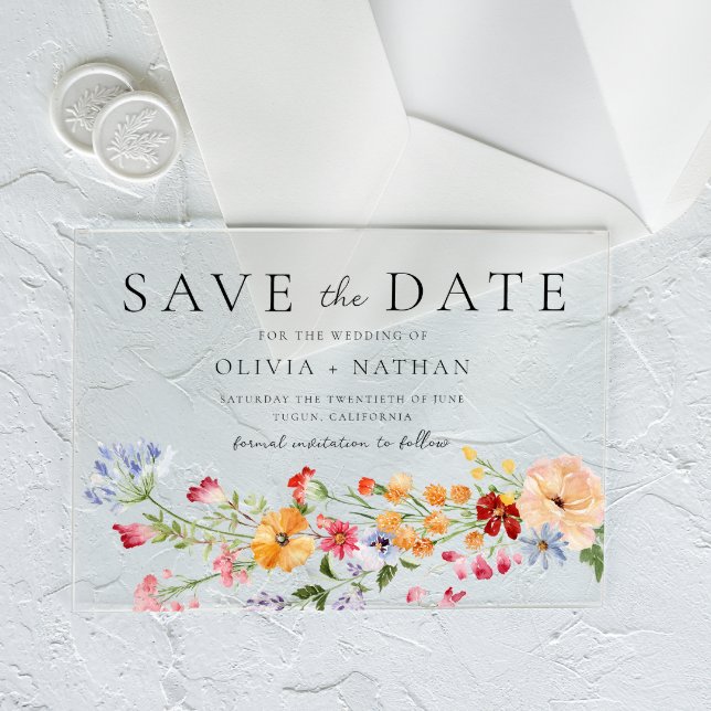 Bold Colorful Wildflowers Wedding Save The Date Acrylic Invitations (Creator Uploaded)