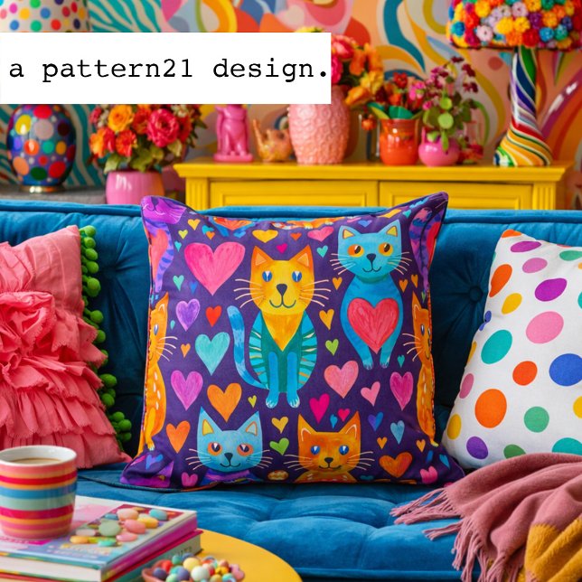 Bold colour kittens and hearts purple pattern cushion (Whimsical rainbow cat pillow full of hearts and personality for bold, happy homes.)