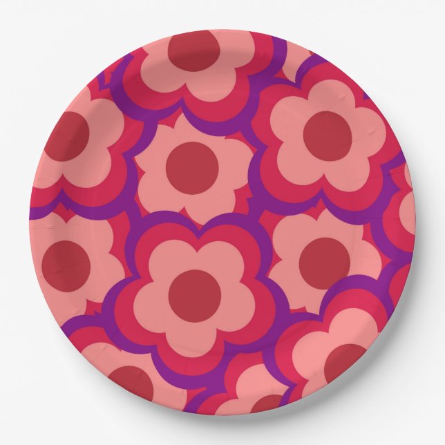 Bold Colour Retro Hippie Flower Pattern Paper Plate (Front)