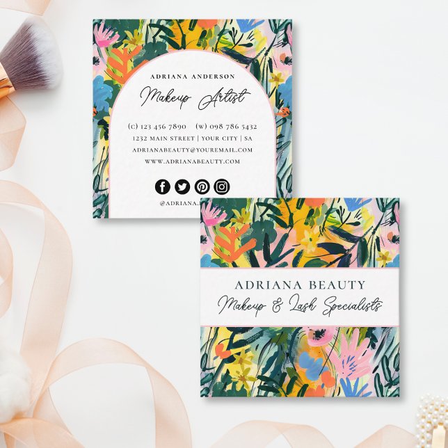 Bold Colourful Abstract Floral Makeup Artist Square Business Card (Creator Uploaded)