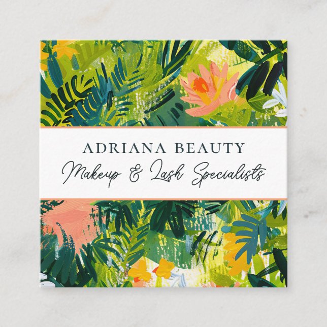 Bold Colourful Abstract Floral Makeup Artist Square Business Card (Front)