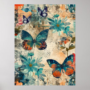 Bold Colourful Boho Floral Butterfly Abstract Art  Poster