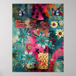 Bold Colourful Boho Floral Butterfly Abstract Art  Poster