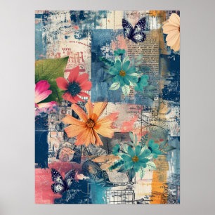 Bold Colourful Boho Floral Butterfly Abstract Art  Poster