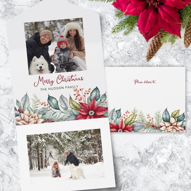 Bold Colourful Christmas Poinsettias Family Photo All In One Invitation (Creator Uploaded)