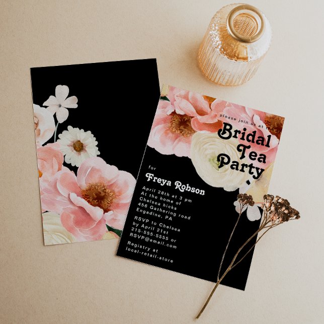 Bold Colourful Floral | Black Bridal Tea Party Invitation (Creator Uploaded)