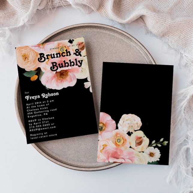 Bold Colourful Floral | Black Brunch and Bubbly Invitation (Creator Uploaded)