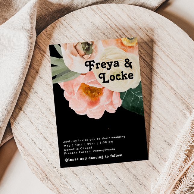 Bold Colourful Floral | Black Casual Photo Monogra Invitation (Creator Uploaded)