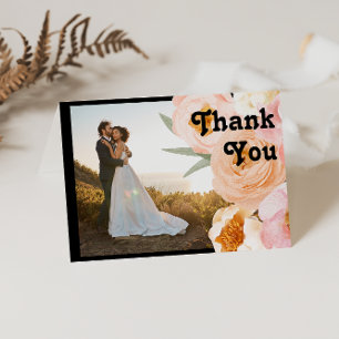 Bold Colourful Floral   Black Folded Photo Thank You Card