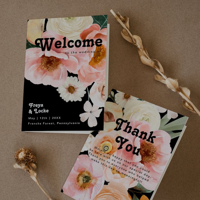 Bold Colourful Floral | Black Folded Wedding Program (Creator Uploaded)