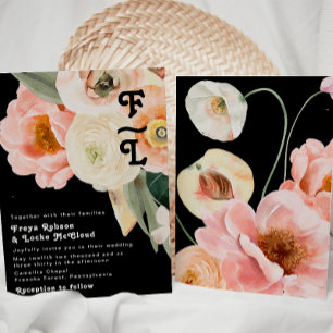 Bold Colourful Floral   Black Monogram Wedding Invitation