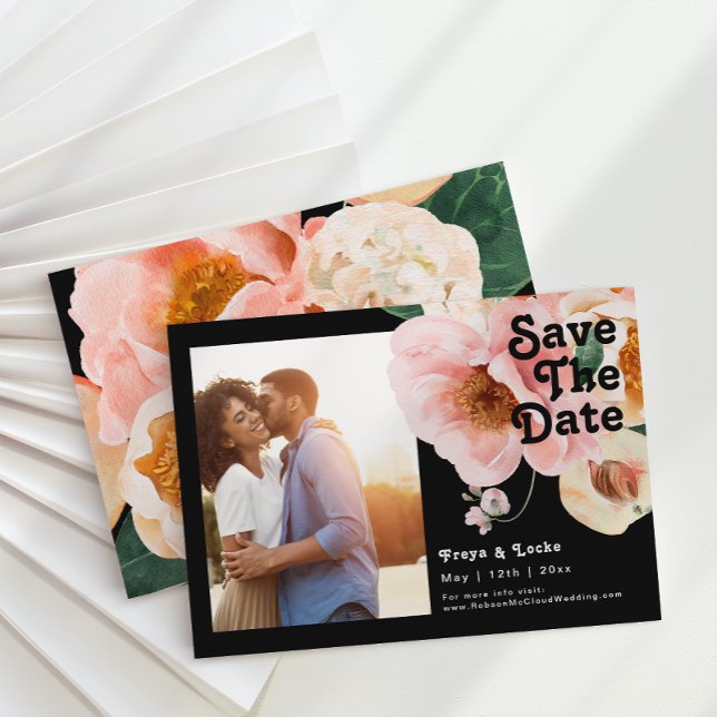 Bold Colourful Floral Black | Photo Horizontal Save The Date (Creator Uploaded)