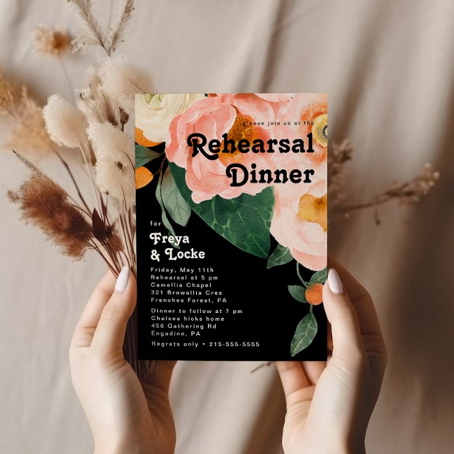 Bold Colourful Floral | Black Rehearsal Dinner Invitation (Creator Uploaded)