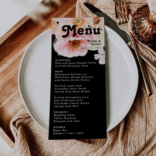 Bold Colourful Floral | Black Wedding Dinner Menu (Creator Uploaded)