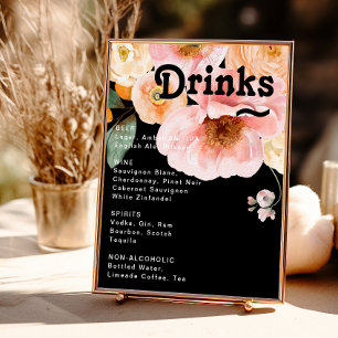 Bold Colourful Floral Black Wedding Drinks Menu Poster