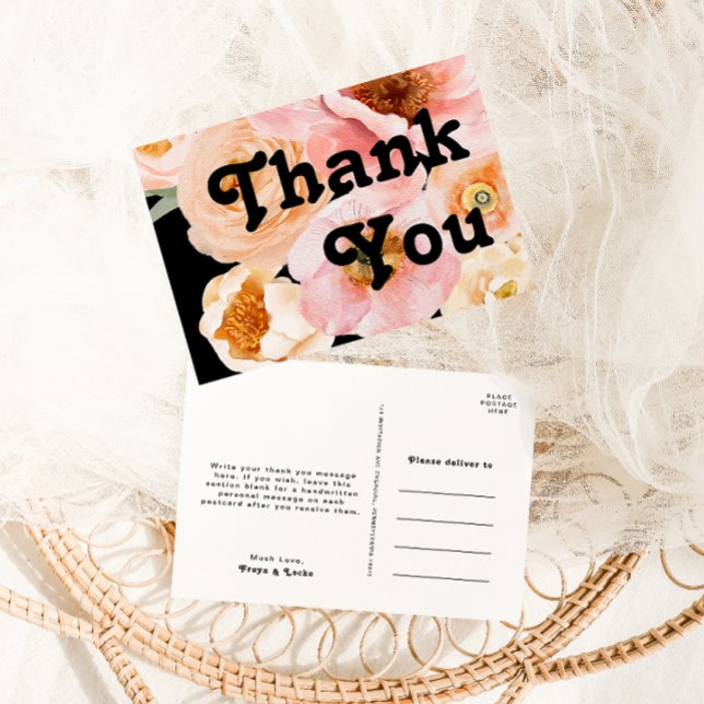 Bold Colourful Floral | Black Wedding Thank You Postcard (Creator Uploaded)