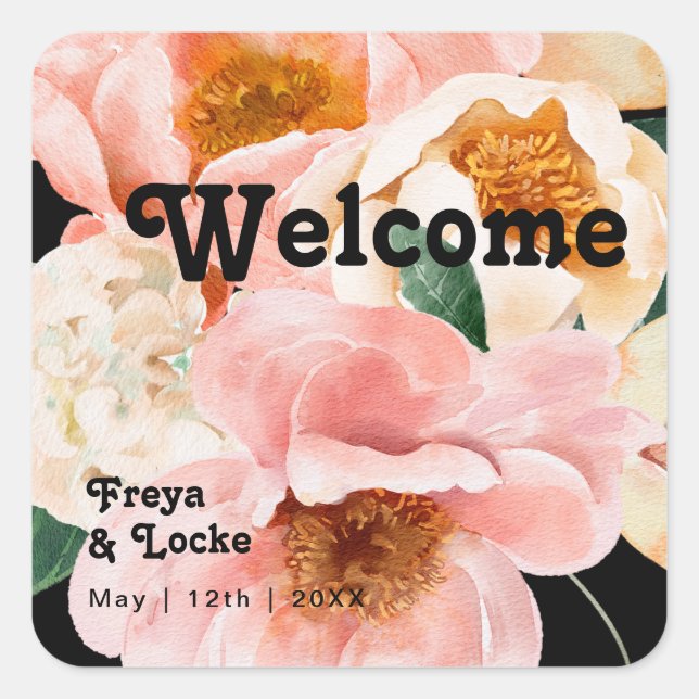 Bold Colourful Floral | Black Wedding Welcome Square Sticker (Front)