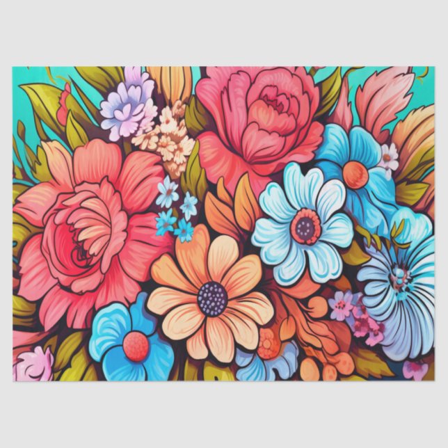 Bold Colourful Floral Decoupage Tissue Paper (Front)