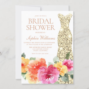 Bold Colourful Floral Gold Dress Bridal Shower Invitation