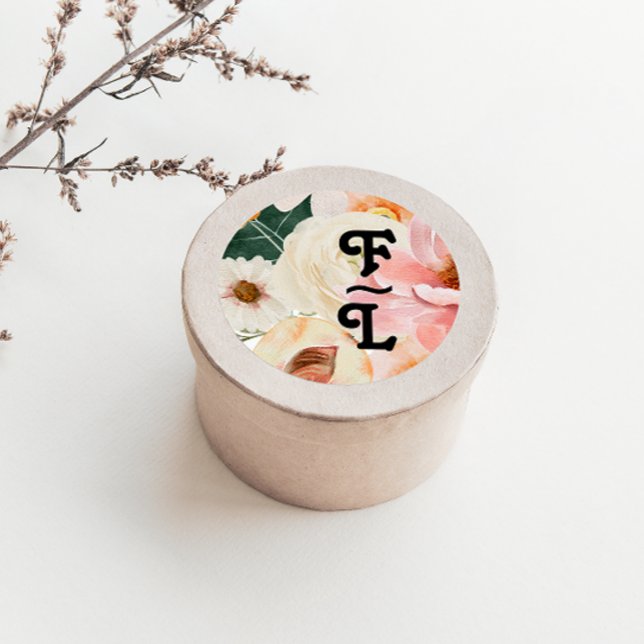 Bold Colourful Floral | Round Monogram Classic Round Sticker (Creator Uploaded)
