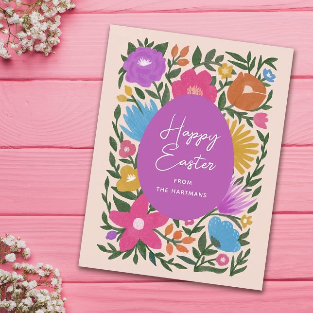 Bold Colourful Florals Happy Easter | Orange Egg  Holiday Postcard (Creator Uploaded)