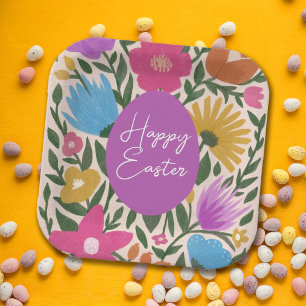 Bold Colourful Florals Stylish Easter Orange Egg Paper Plate
