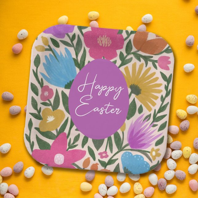 Bold Colourful Florals Stylish Easter | Purple Egg Paper Plate (Creator Uploaded)